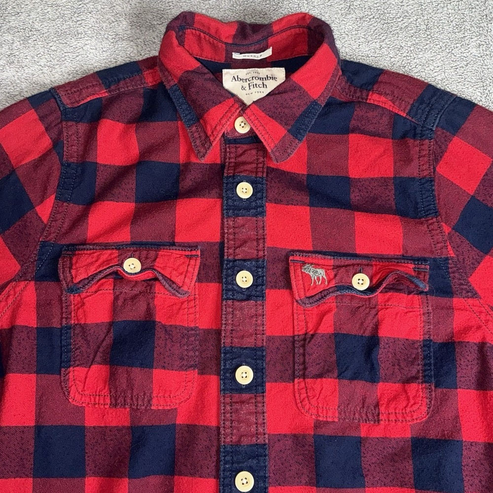Abercrombie & Fitch Shirt Mens M Red‎ Black Buffalo Plaid Muscle Fit Flannel